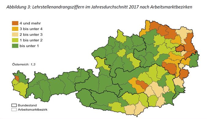 Lehrstellenandrangsziffern im Jahresdurchschnitt 2017 nach Arbeitsmarktbezirken