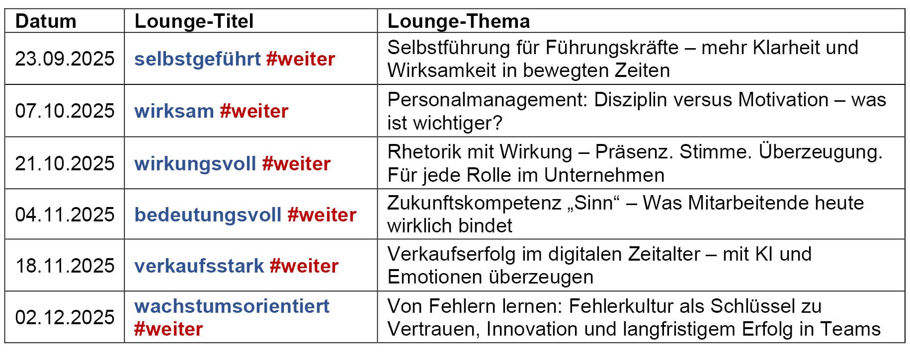 Das Lounge Programm im zweiten Halbjahr 2025