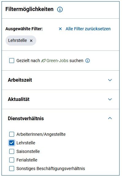 Filtermöglichkeiten im Tool alle jobs, Filter bei "Dienstverhältnis" auf "Lehrstelle" gesetzt