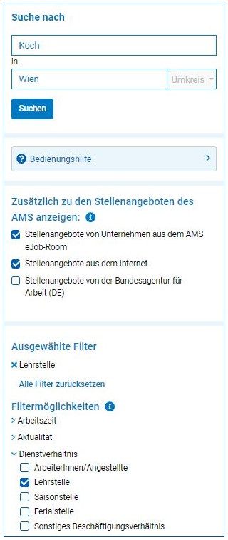 Suchmaske im Tool alle jobs mit dem Suchbegriff "Koch" in der oberen Suchzeile und dem Suchbegriff "Wien" in der unteren Suchzeile