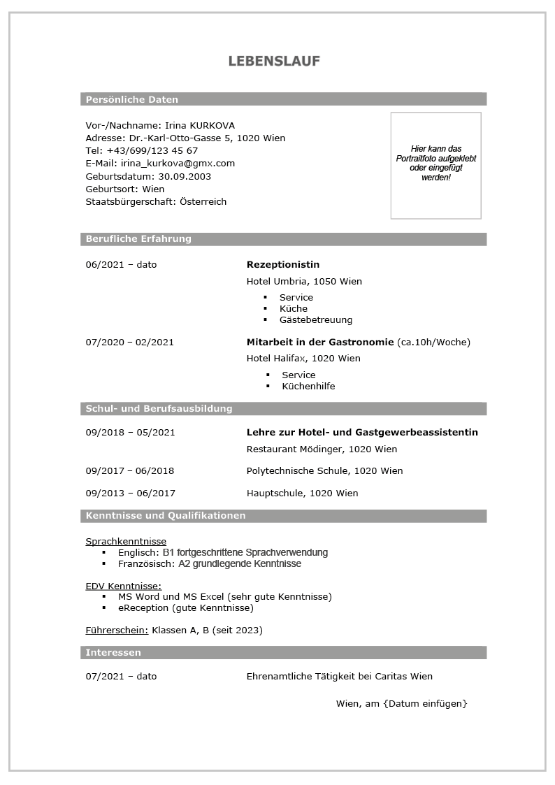 Grafik Lebenslauf Gastgewerbeassistent_in