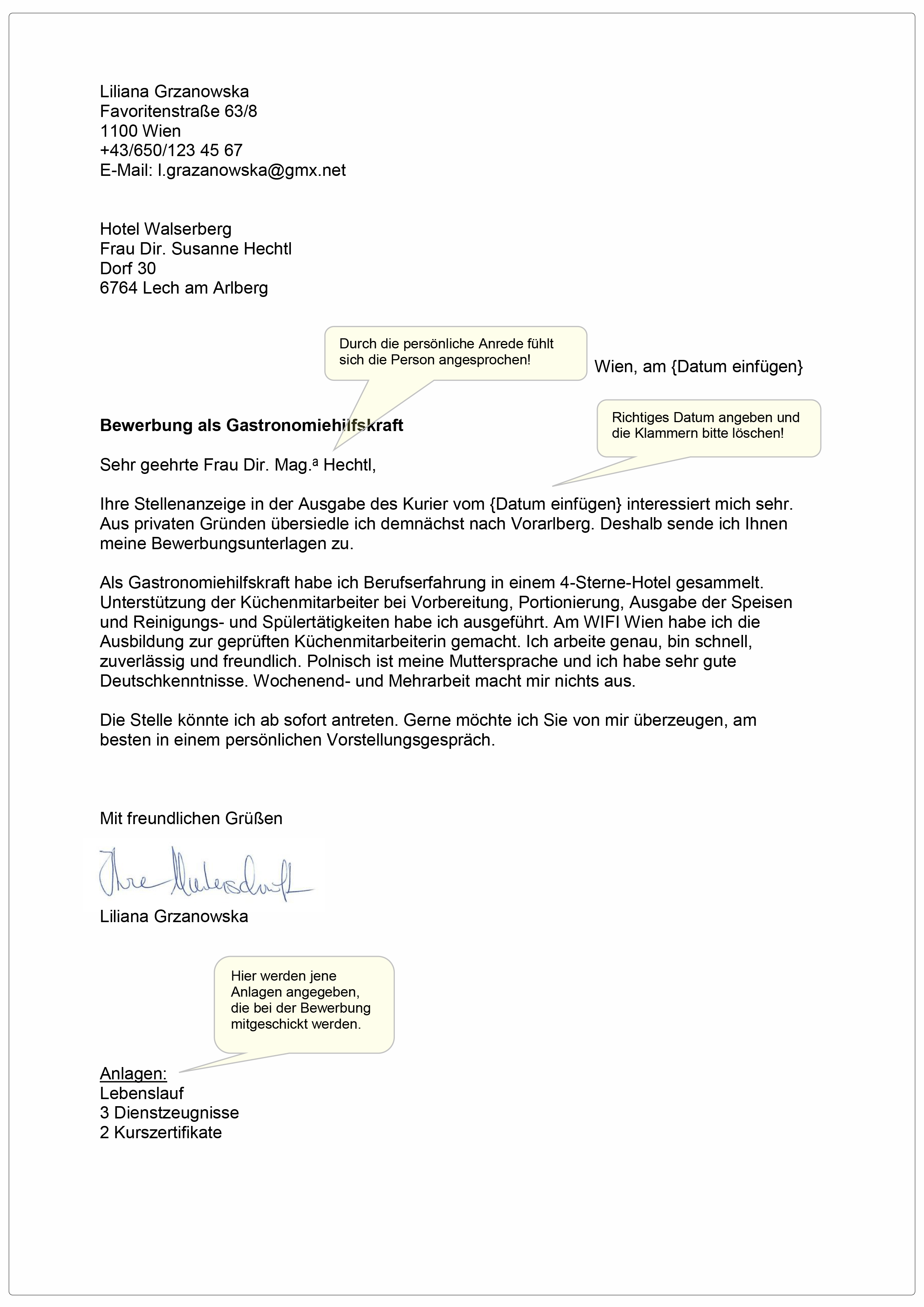 Grafik Bewerbungsschreiben Gastronomiehilfskraft kommentiert