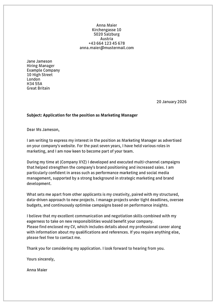Bild Bewerbungsschreiben Englisch Mustervorlage