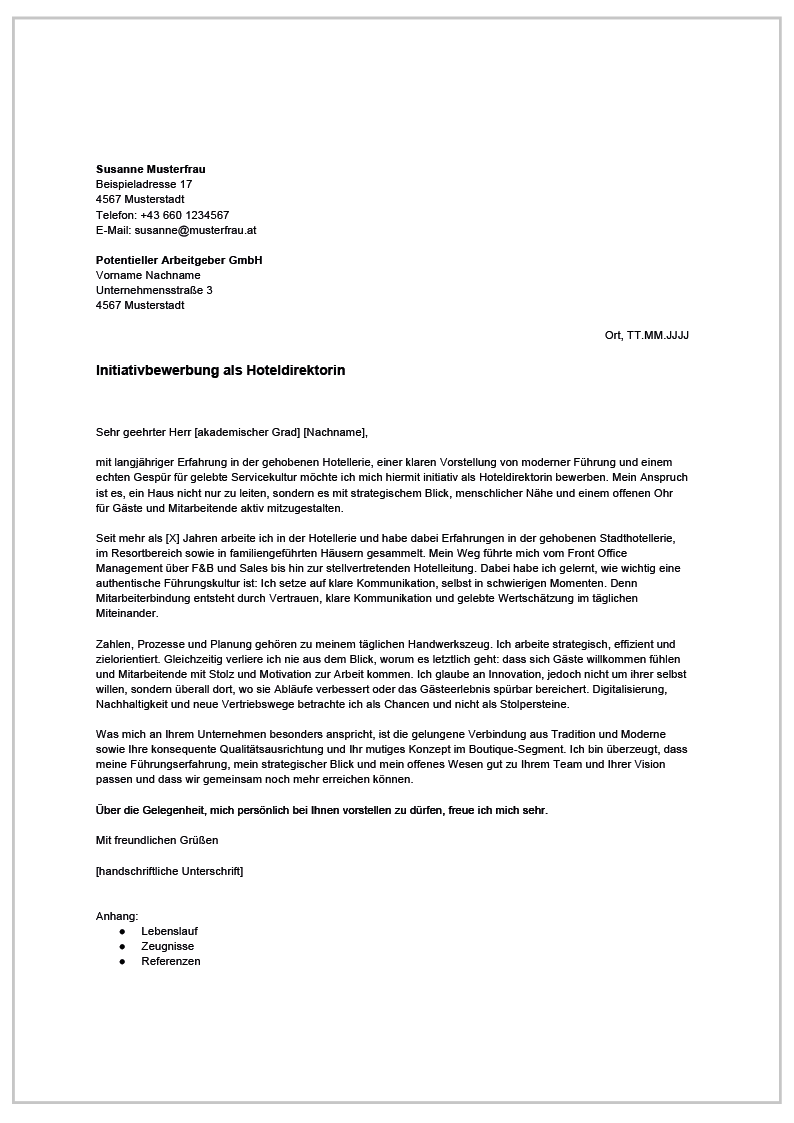 Mustervorlage einer Initiativbewerbung als Hoteldirektorin