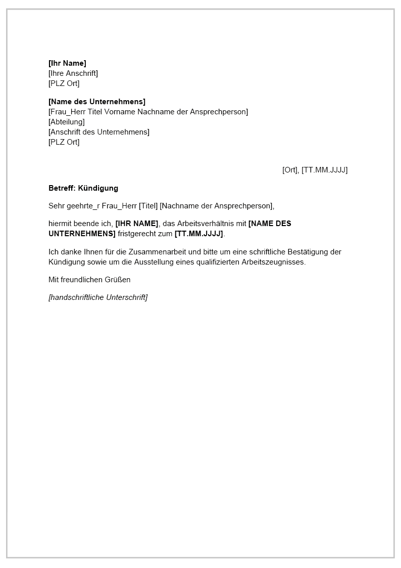 Bild Kündigungsschreiben Vorlage