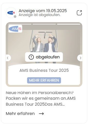 Das Bild zeigt eine Unternehmerin gemeinsam mit dem AMS-Berater auf einem Sessellift. Beschreibungstext: "Neue Höhen im Personalbereich? Packen wir es gemeinsam an. AMS Business Tour 2025. ..."