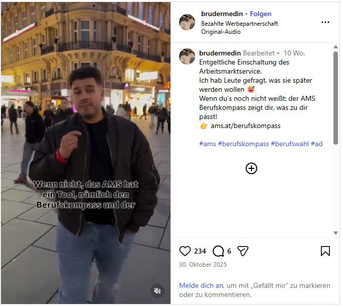 Man sieht einen Screenshot vom Posting von brudermedin auf Instagram zur Jugendkampagne "Werde du."
