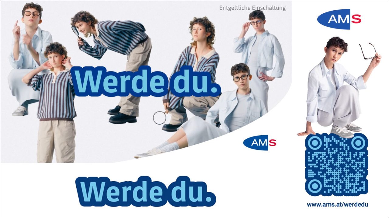 Onlineschaltung zur Jugendkampagne "Werde du." auf Twitch. Man sieht eine junge Frau in verschiedenen Posen und Outfits, als BioHacker oder BugHunter. Außerdem einen QR-Code zur Webseite www.ams.at/werdedu 