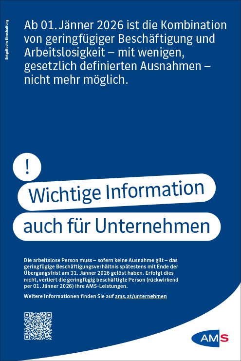 Inserat mit wichtiger Information für Unternehmen, die Arbeitskräfte geringfügig beschäftigen.