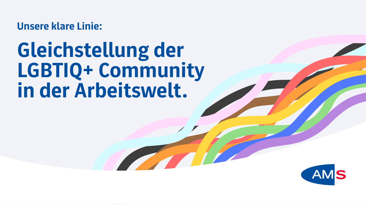 Grafik mit dem Text „Unsere klare Linie: Gleichstellung der LGBTIQ+ Community in der Arbeitswelt.“ Rechts verlaufen geschwungene Linien in den Farben verschiedener Pride-Flaggen über einen hellgrauen Hintergrund, in der rechten unteren Ecke befindet sich das Logo des AMS Österreich