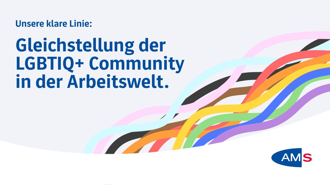Grafik mit dem Text „Unsere klare Linie: Gleichstellung der LGBTIQ+ Community in der Arbeitswelt.“ Rechts verlaufen geschwungene Linien in den Farben verschiedener Pride-Flaggen über einen hellgrauen Hintergrund, in der rechten unteren Ecke befindet sich das Logo des AMS Österreich