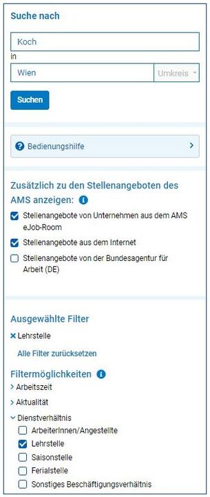 Suchmaske im Tool alle jobs mit dem Suchbegriff "Koch" in der oberen Suchzeile und dem Suchbegriff "Wien" in der unteren Suchzeile