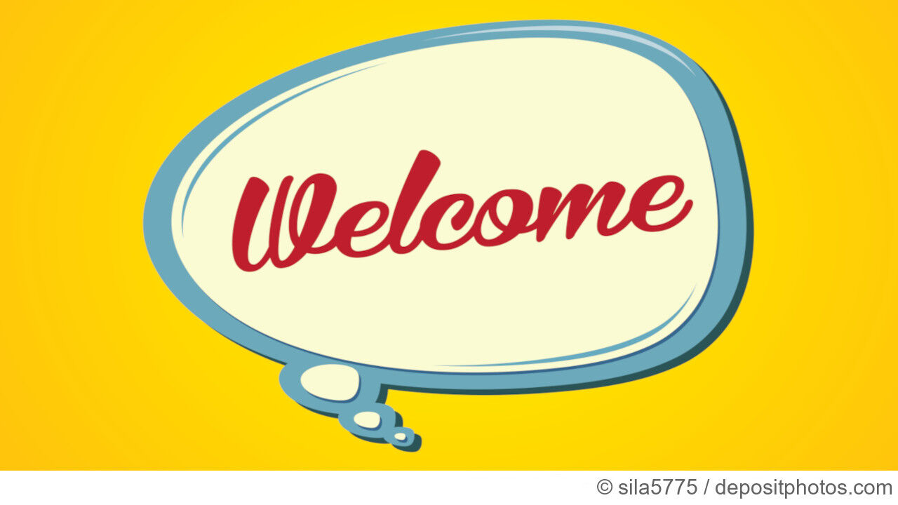 Blaue Sprechblase mit dem rotem Schriftzug "Welcome"