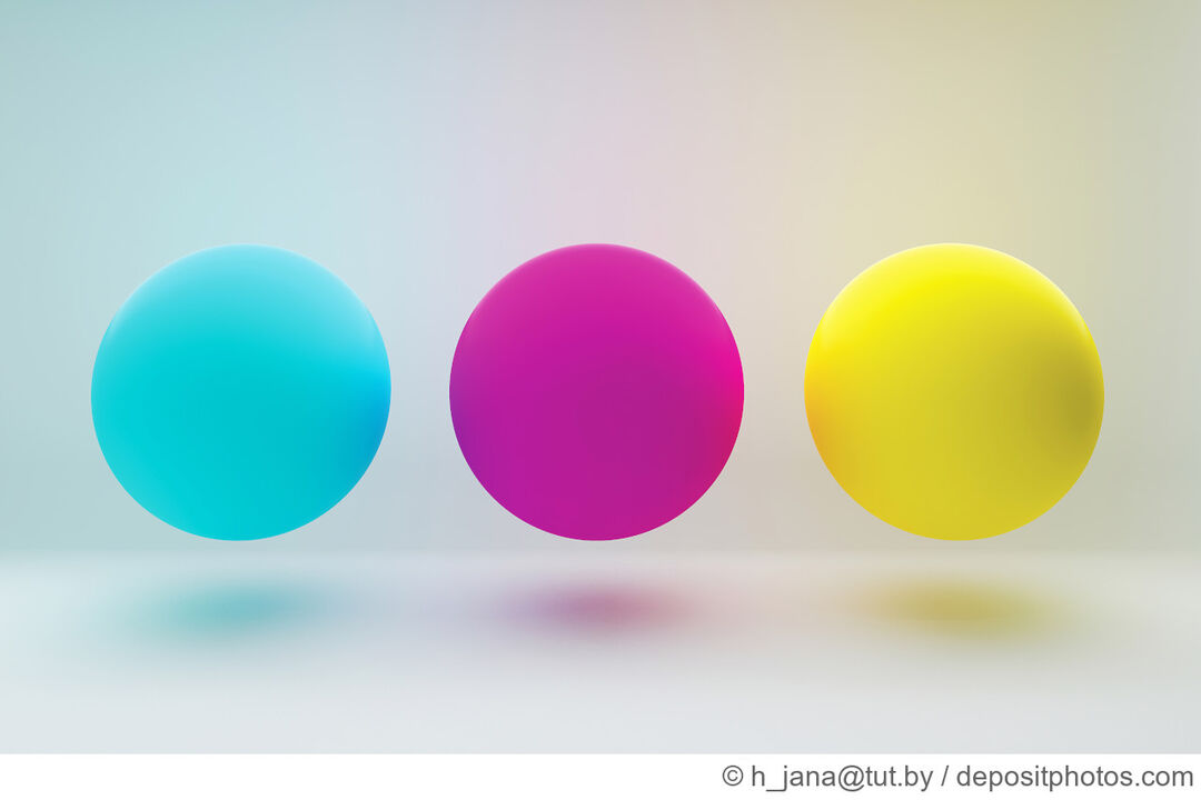 3 Farbige Kugeln in Cyan, Magenta und Gelb