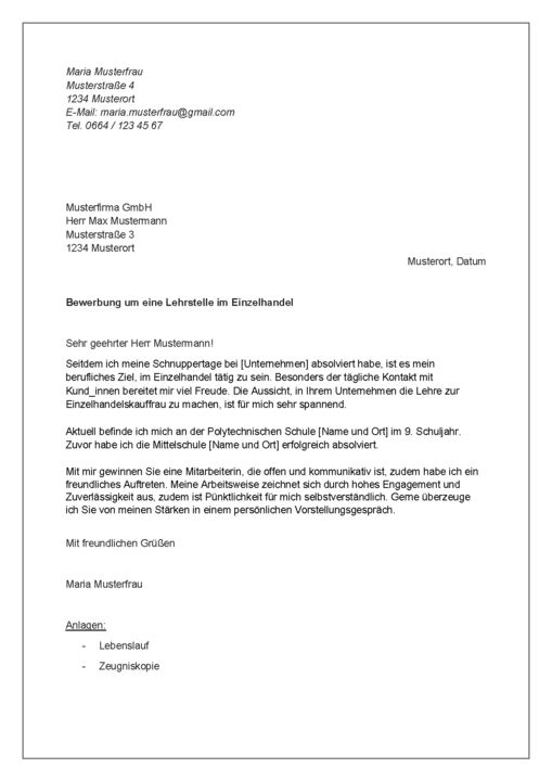 Muster-Anschreiben für eine Lehrstelle im Einzelhandel