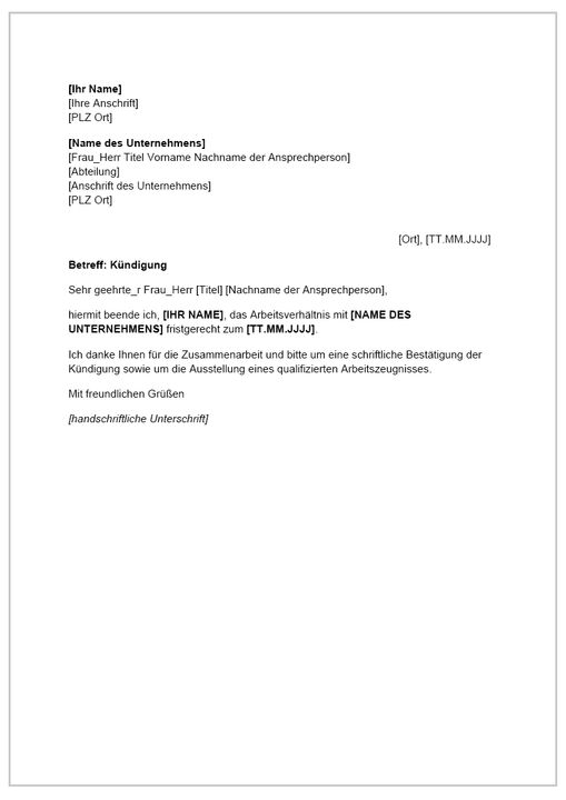 Bild Kündigungsschreiben Vorlage