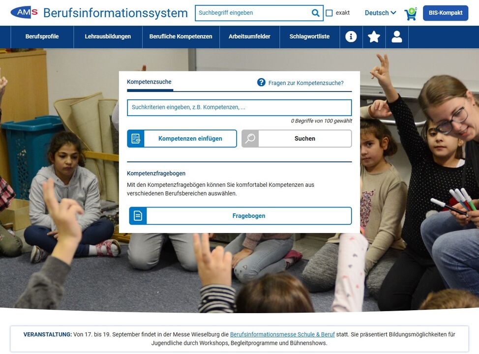 Screenshot der Startseite des BIS Berufsinformationssystem