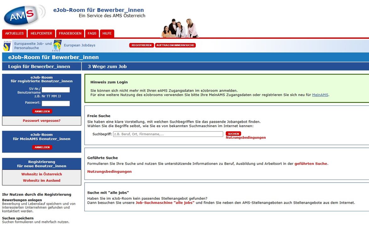 Screenshot der eJob-Room Webseite