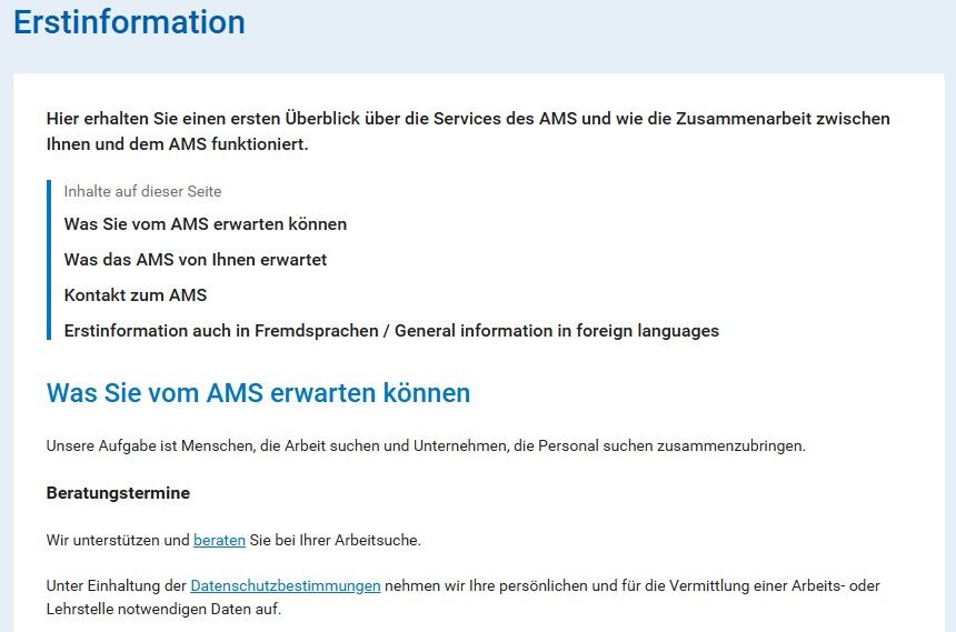Screenshot der AMS ERstinformation Infoseite