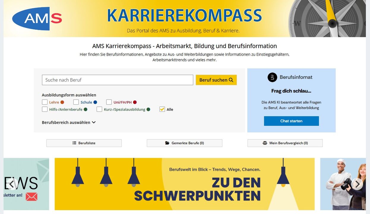 Screenshot der Startseite des Karrierekompass