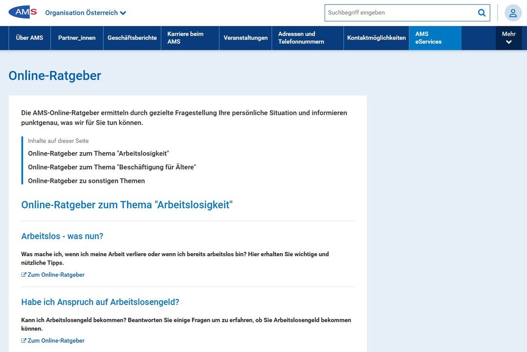 Screenshot der AMS Online Ratgeber Übersichtsseite