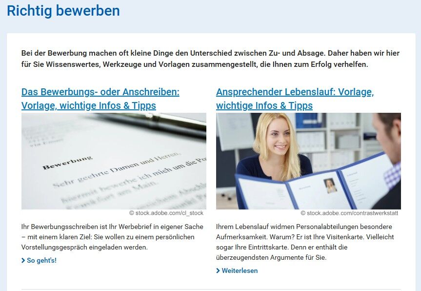Screenshot der richtig bewerben Themenseite