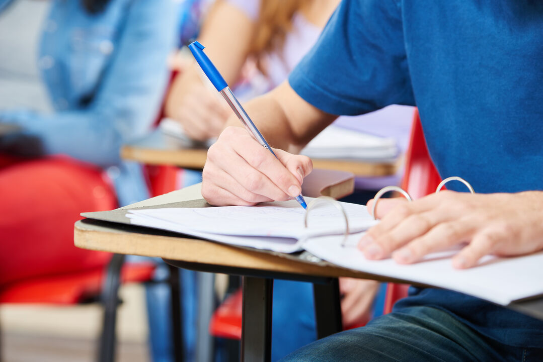 Schüler macht sich Notizen in einem Ringbuch in der Schule