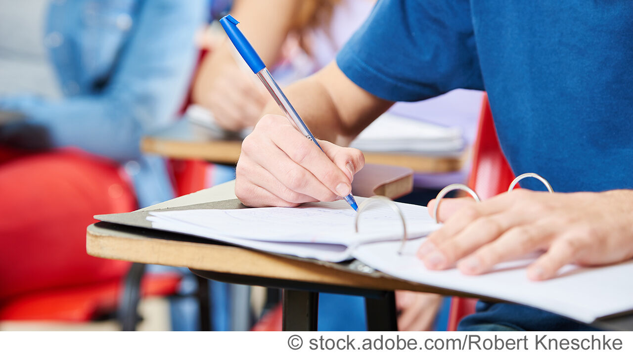 Schüler macht sich Notizen in einem Ringbuch in der Schule