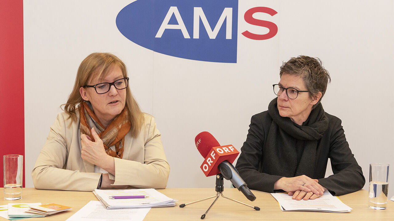 Foto vom Hintergrundgespräch "Perspektive Arbeit". Im Bild: Sandra Kern, stv. Landesgeschäftsführerin des AMS NÖ und Michaela Egger, Leiterin des Gewaltschutzzentrums NÖ