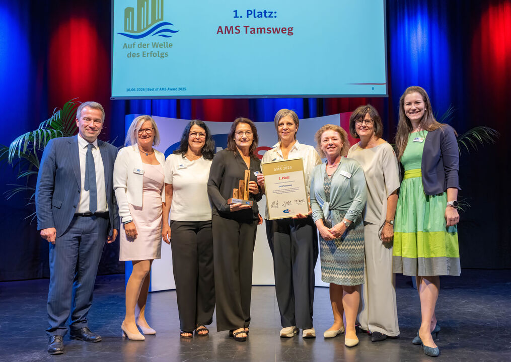 Die Lungauer Delegation bei der Preisverleihung (v.l.): AMS-Vorstand Dr. Johannes Kopf, Waltraud Loidl, Monika Mayr, Mag.a Christine Schultes (Leitern des AMS Tamsweg), Christina Schlick, Mag.a Sabine Putz (Abteilungsleitung - Arbeitsmarktforschung und Berufsinformation, Bundesgeschäftsstelle), AMS-Vorständin Mag.a Petra Draxl und AMS-Landesgeschäftsführerin Julia Kröll