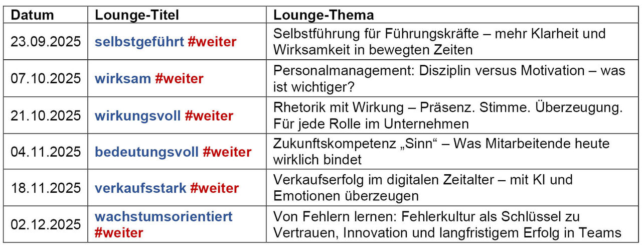 Das Lounge Programm im zweiten Halbjahr 2025
