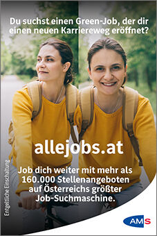 Man sieht eine Frau auf dem Fahrrad eine Straße entlang fahren.Text: "Du suchst einen Green-Job, der dir einen neuen Karriereweg eröffnet?""allejobs.at – Job dich weiter mit mehr als 160.000 Stellenangeboten auf Österreichs größter Job-Suchmaschine."