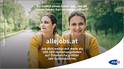 Man sieht eine Frau, die mit dem Fahrrad eine Straße entlang fährt.Text: "Du suchst einen Green-Job, der dir einen neuen Karriereweg eröffnet?" "allejobs.at – Job dich weiter mit mehr als 160.000 Stellenangeboten auf Österreichs größter Job-Suchmaschine."Rechts unten ist das AMS-Logo platziert.