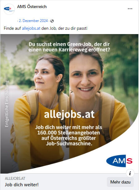 Man sieht eine Frau, die eine Straße entlang fährt.Text" "Du suchst einen Green-Job, der dir einen neuen Karriereweg eröffnet?""allejobs.at – Job dich weiter mit mehr als 160.000 Stellenangeboten auf Österreichs größter Job-Suchmaschine."Rechts unten ist das AMS-Logo platziert.
