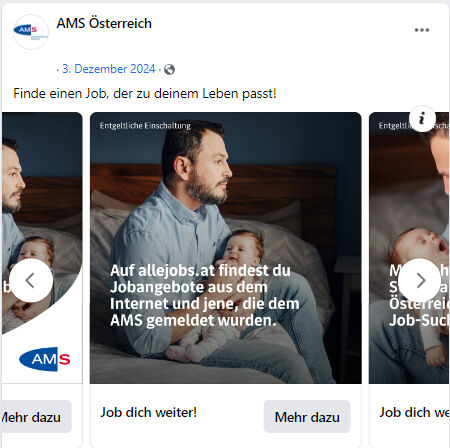 Man sieht einen Mann mit Baby im Arm auf einem Bett sitzen."Auf allejobs.at findest du Jobangebote aus dem Internet und jene, die dem AMS gemeldet wurden."