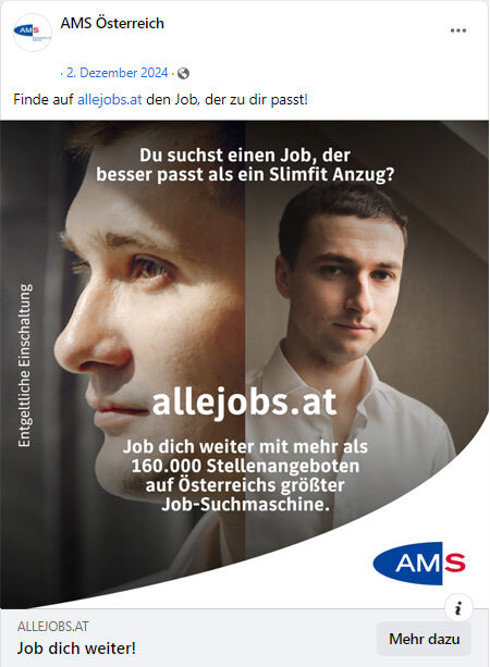 Man sieht einen jungen Mann mit weißem Hemd.Text: "Wartest du wirklich auf den nächsten Neujahrsvorsatz?""allejobs.at – Job dich weiter mit mehr als 160.000 Stellenangeboten auf Österreichs größter Job-Suchmaschine."Rechts unten ist das AMS-Logo platziert.