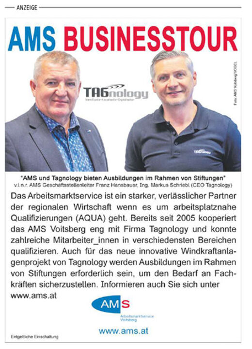 Dieses Advertorial ist in der Kleinen Zeitung Weststeiermark zur Ankündigung der AMS Business Tour 2024 erscheinen. Auf dem Foto sind der Geschäftsstellenleiter des AMS Voitsberg Franz Hansbauer und Ing. Markus Schriebl (CEO Tagnology) zu sehen.