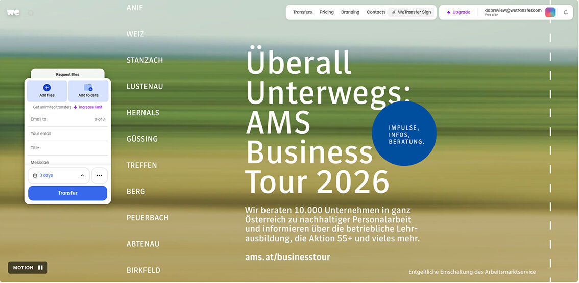 Sitebranding auf wetransfer
